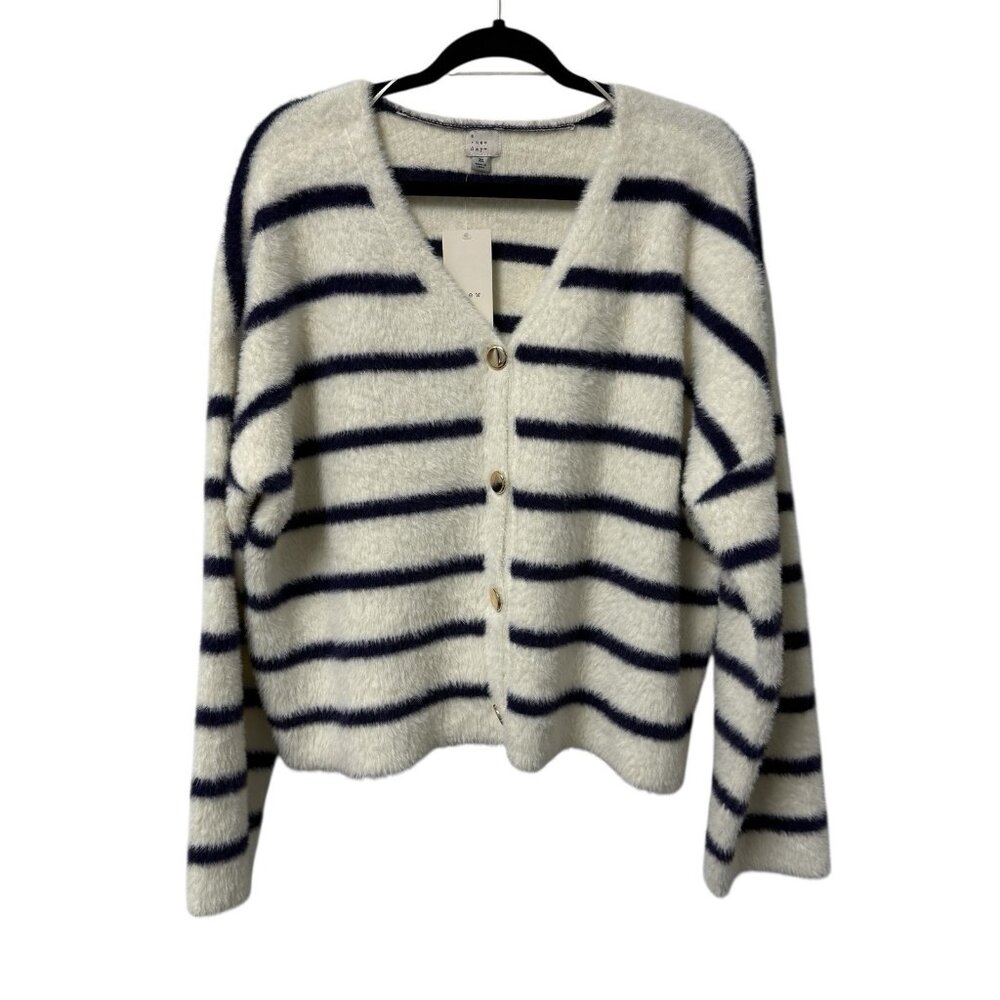 A NEW DAY CARDIGAN WHITE NAVY STRIPED SIZE XL GOLD BUTTONS FALL WINTER COZY NWT